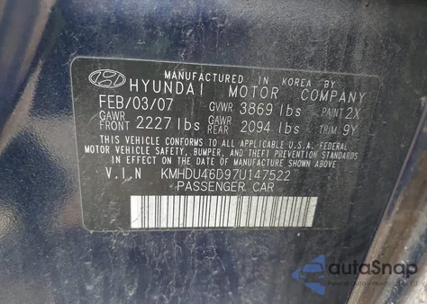 2007 Hyundai Elantra Gls/Limited/Se z USA, uszkodzony, nr VIN KMHDU46D97U147522